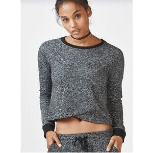 Fabletics Keeva Pullover Black Speckled Tulip Hem Long Sleeve Crop Top | Size S